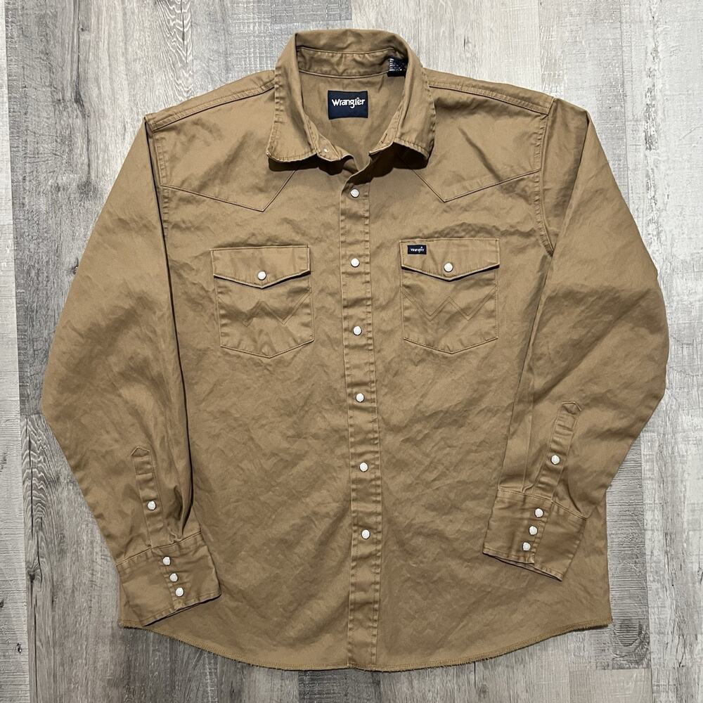 VTG Wrangler Brushpopper Heavy Cotton Twill Western Pearl Snap Shirt Men's XL
